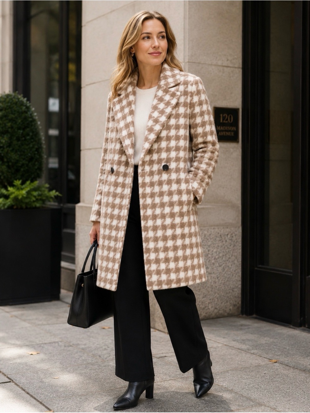 Avec Les Filles Houndstooth Double-Breasted Wool Blend Coat - Beige/White XSmall